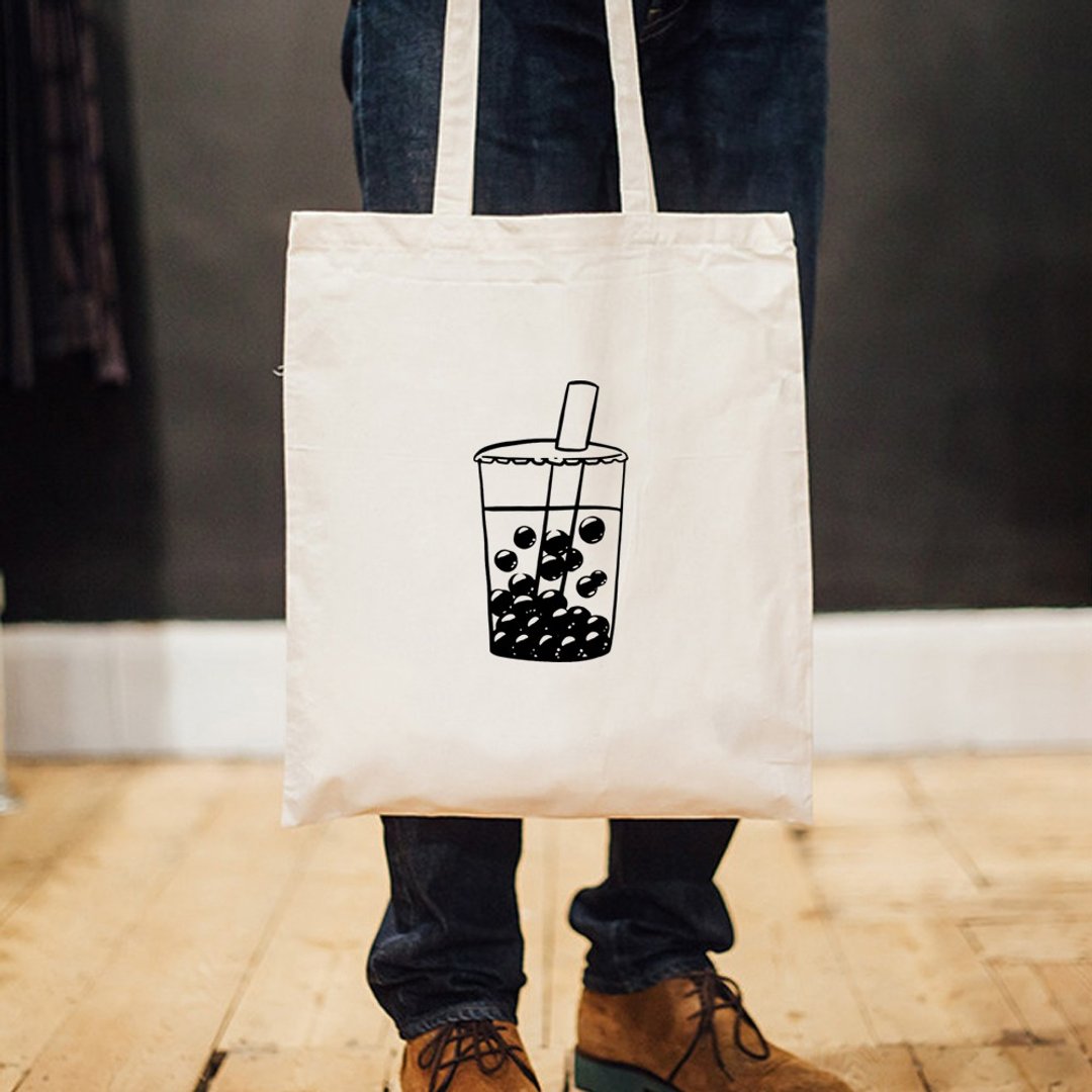 Bubble Tea 帆布环保手提肩包购物袋 米白 珍珠奶茶大容量秋冬 - 侧背包/斜挎包 - 其他材质 白色