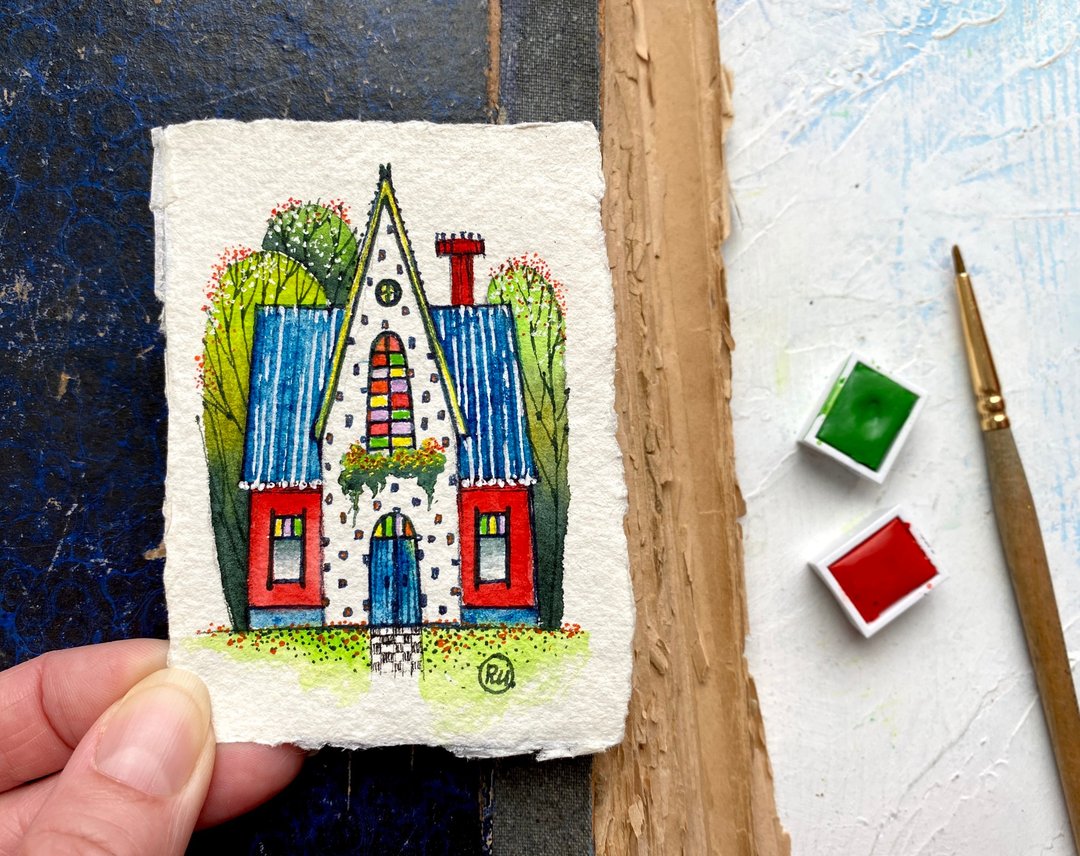 ACEO House art Miniature Original watercolor Bright artwork by Rubinova - 海报/装饰画/版画 - 纸 多色