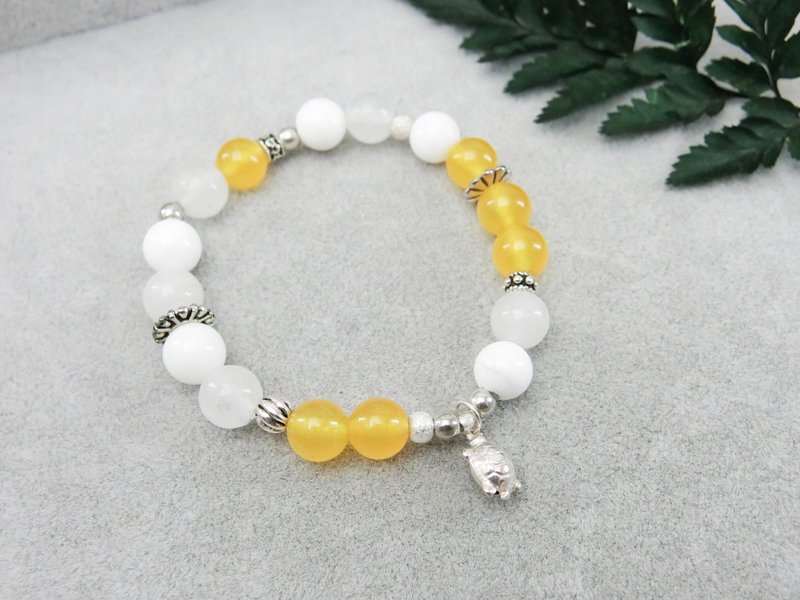 幸运钱龟银手链-天然石串珠芥末黄色系-玥unicorn-天然石 925纯银 藏银 招财 - 手链/手环 - 宝石 黄色