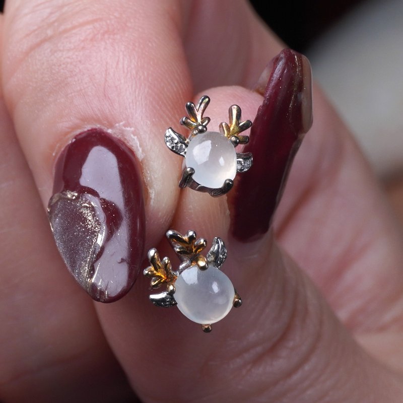 冰种翡翠蛋面设计款耳钉 925纯银 | 天然缅甸玉A货翡翠 | 送礼 - 耳环/耳夹 - 玉石 透明