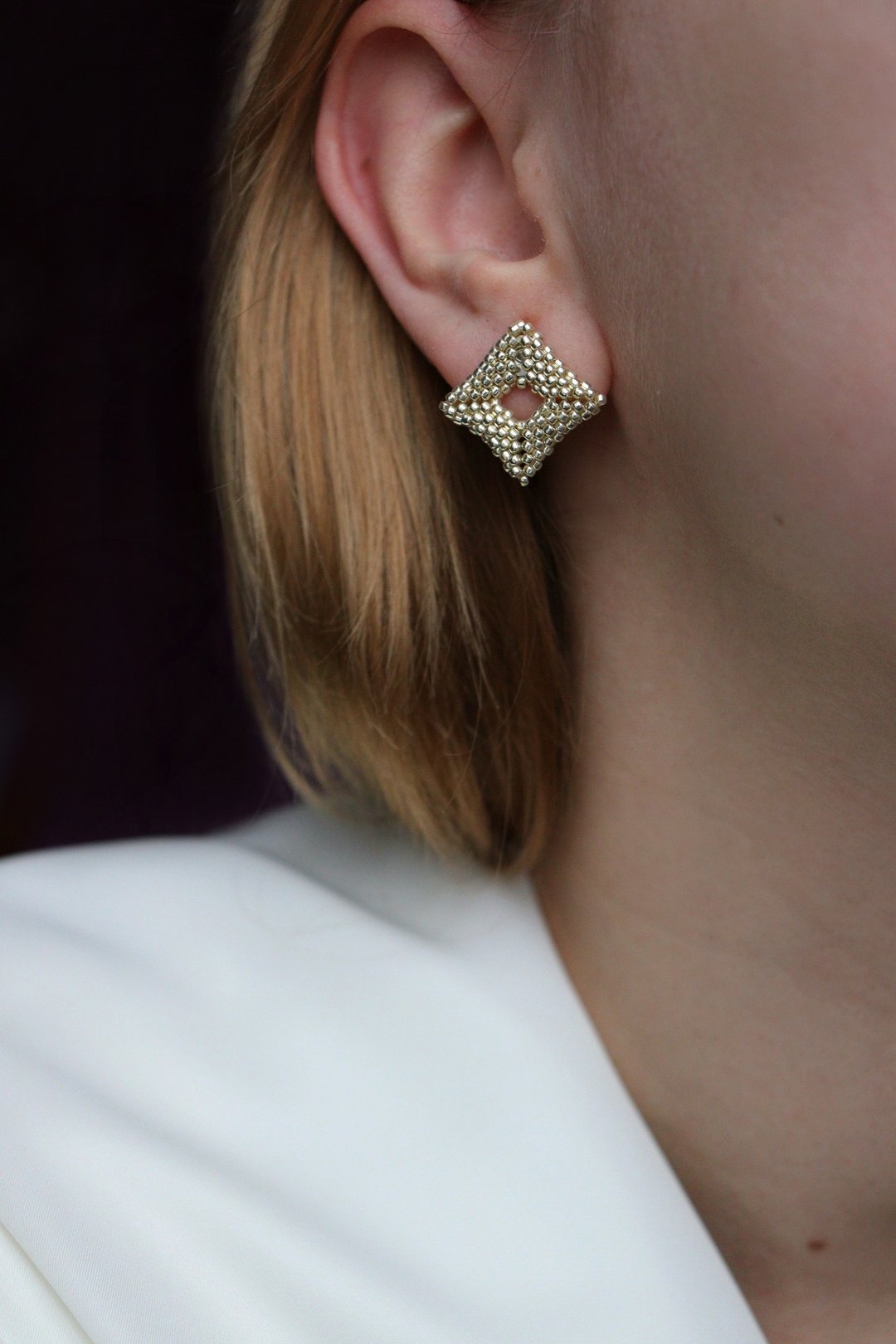 Handmade rhombus earrings Japanese beads  stainless steel stud earrings - 耳环/耳夹 - 玻璃 银色