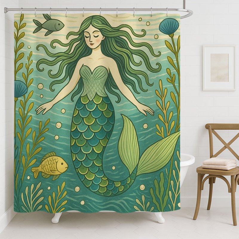 Mermaid美人魚綠色浴簾衛生間干濕分離防水布簾免打孔套裝淋浴隔 - 卫浴用品 - 聚酯纤维 绿色