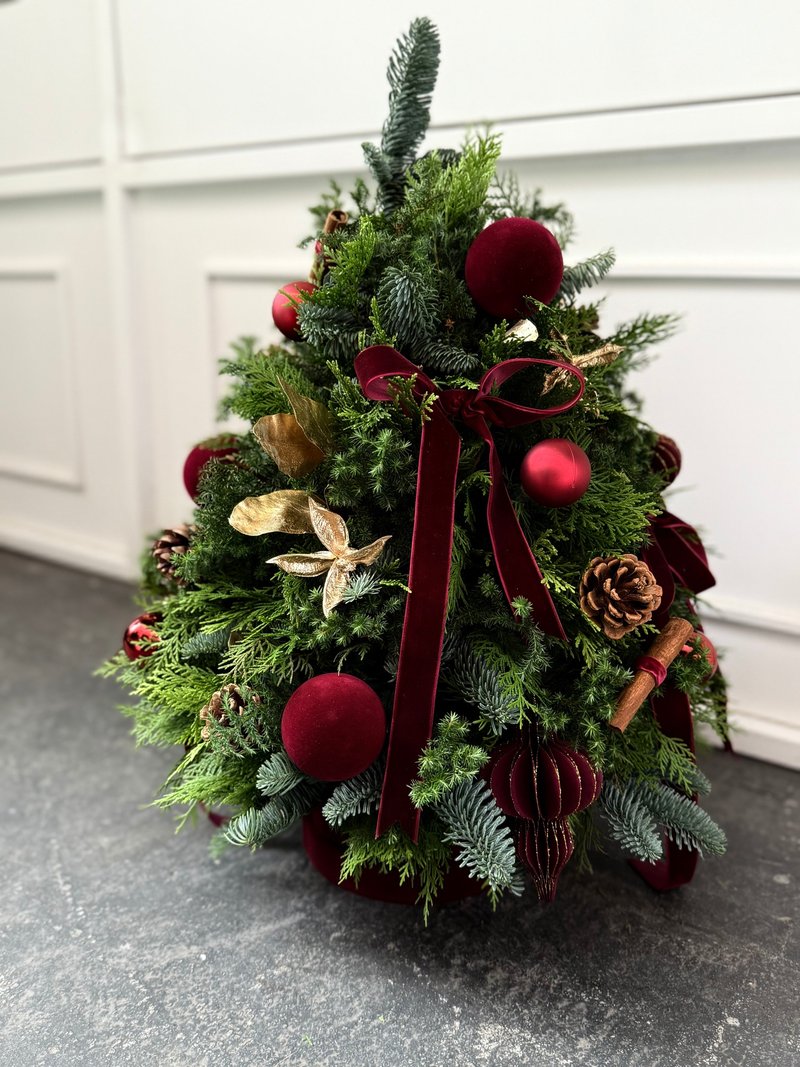 奢华丝绒红 诺贝松与混合松圣诞树 L 预购 12/01后依序出货 - 干燥花/捧花 - 植物．花 红色