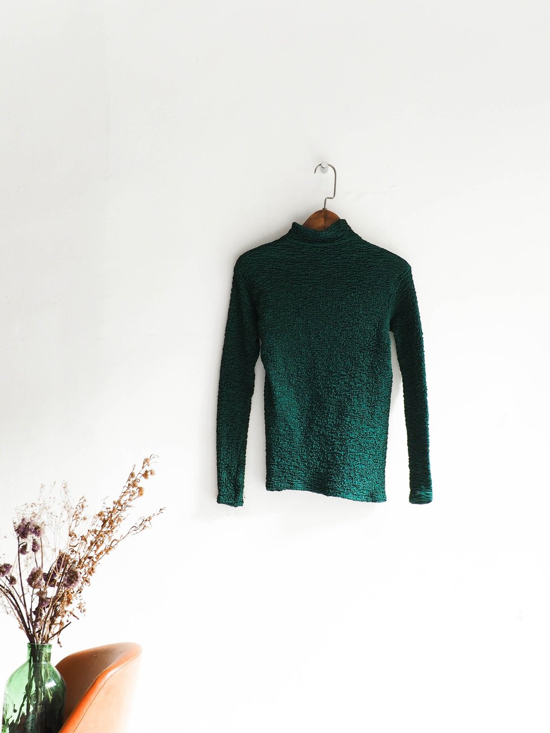 河水山 - 福井绿叶卷卷皱折秋季日志 小立领 古董棉质衬衫上衣 shirt oversize vintage - 女装上衣 - 棉 绿色
