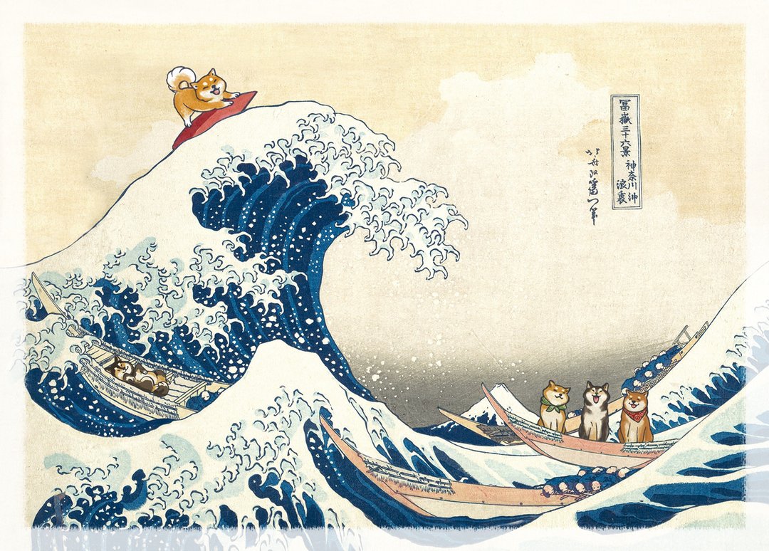 【明信片】神奈川冲浪柴犬- 葛饰北斋|浮世绘|世界名画 - 卡片/明信片 - 纸 多色