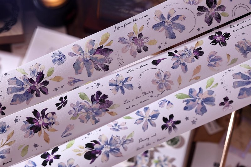 梦  轻复古梦幻蓝白紫花卉和纸特油PET切模手帐胶带 - 纸胶带 - 纸 卡其色