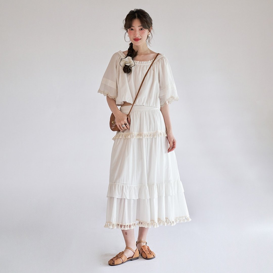 白色流苏半身裙|裙子|春夏款|Sora-1184 - 裙子 - 棉 白色