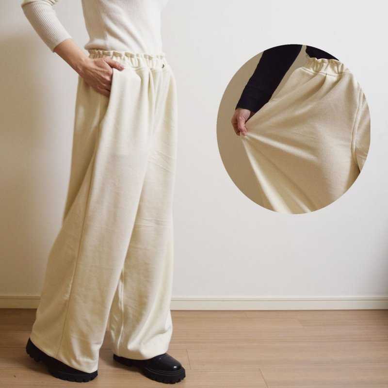 无束缚感, 柔软垂坠线条, 轻松弹性针织, 压褶宽裤, 燕麦白 - 女装长裤 - 其他人造纤维 白色