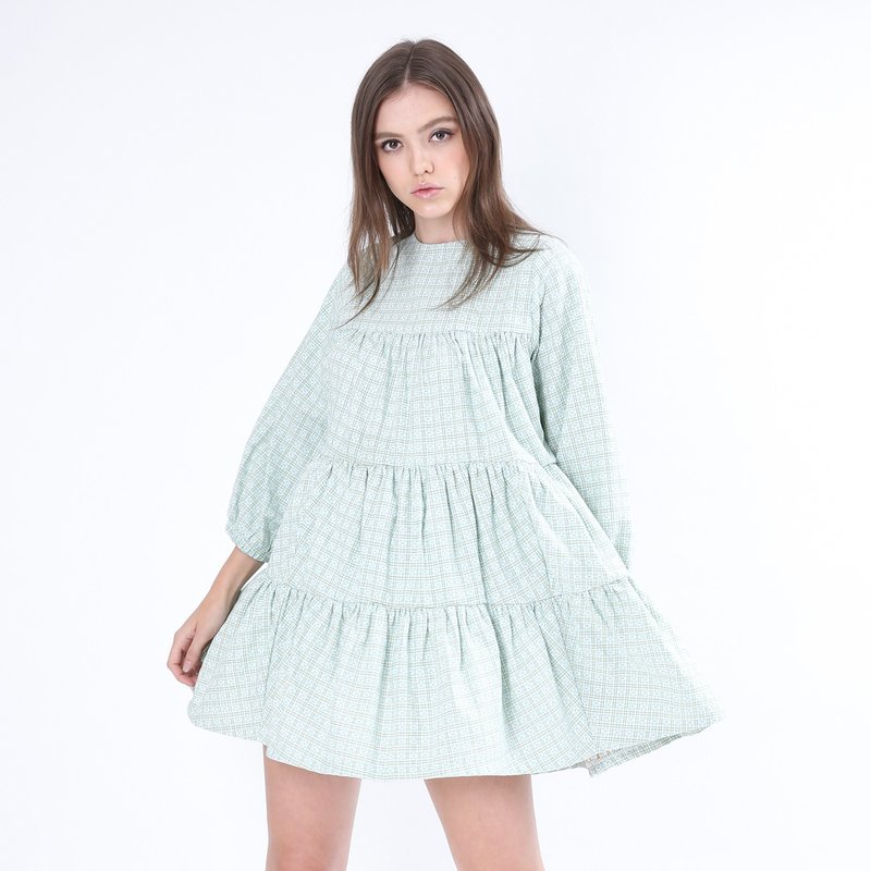 ZIZTAR 小碎花连衣格子绿色裙短裤套装 - 洋装/连衣裙 - 棉．麻 绿色