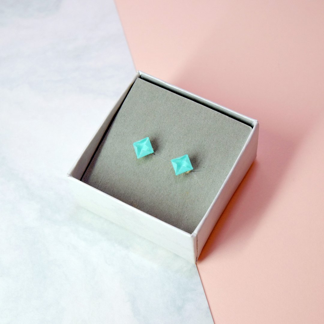 【绝版出清品】绝版可爱小物Tiffany Blue折纸钻石形925耳环 - 耳环/耳夹 - 纸 绿色
