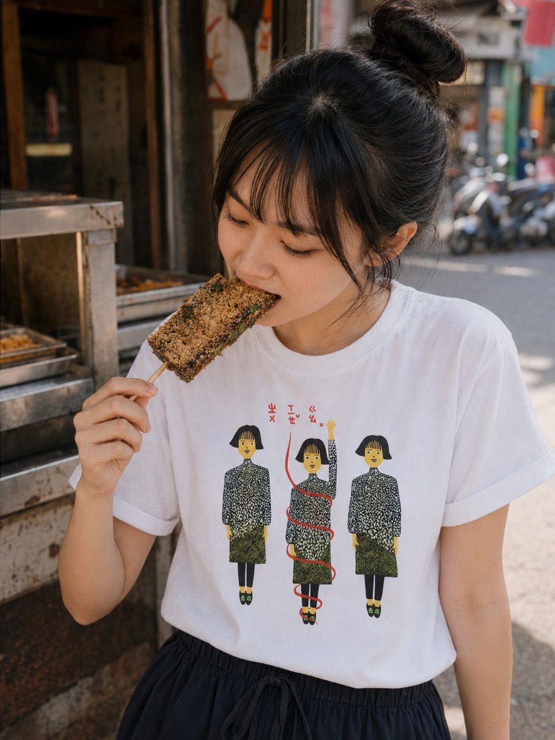 *注音棉 T*台湾食物人_时尚猪血糕 - 女装 T 恤 - 棉 白色