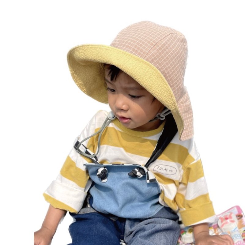 原野露营初体验 | 双面调节扣宽宽帽檐探险帽 _卡其格纹 - 婴儿帽/发带 - 棉．麻 卡其色