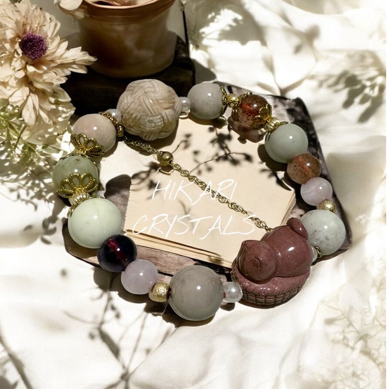 守护爱情的小喵手链 粉红猫雕件 草莓晶 紫水晶 紫锂辉 阿拉善 - 手链/手环 - 水晶 咖啡色