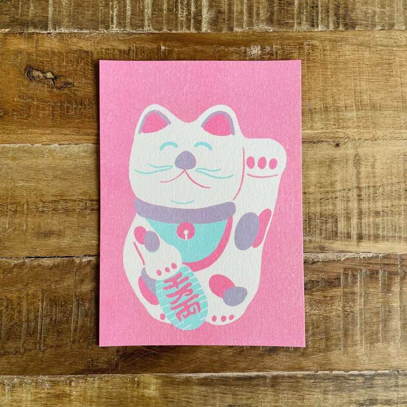 招财猫/粉色/招き猫/孔版印刷明信片 - 卡片/明信片 - 纸 多色