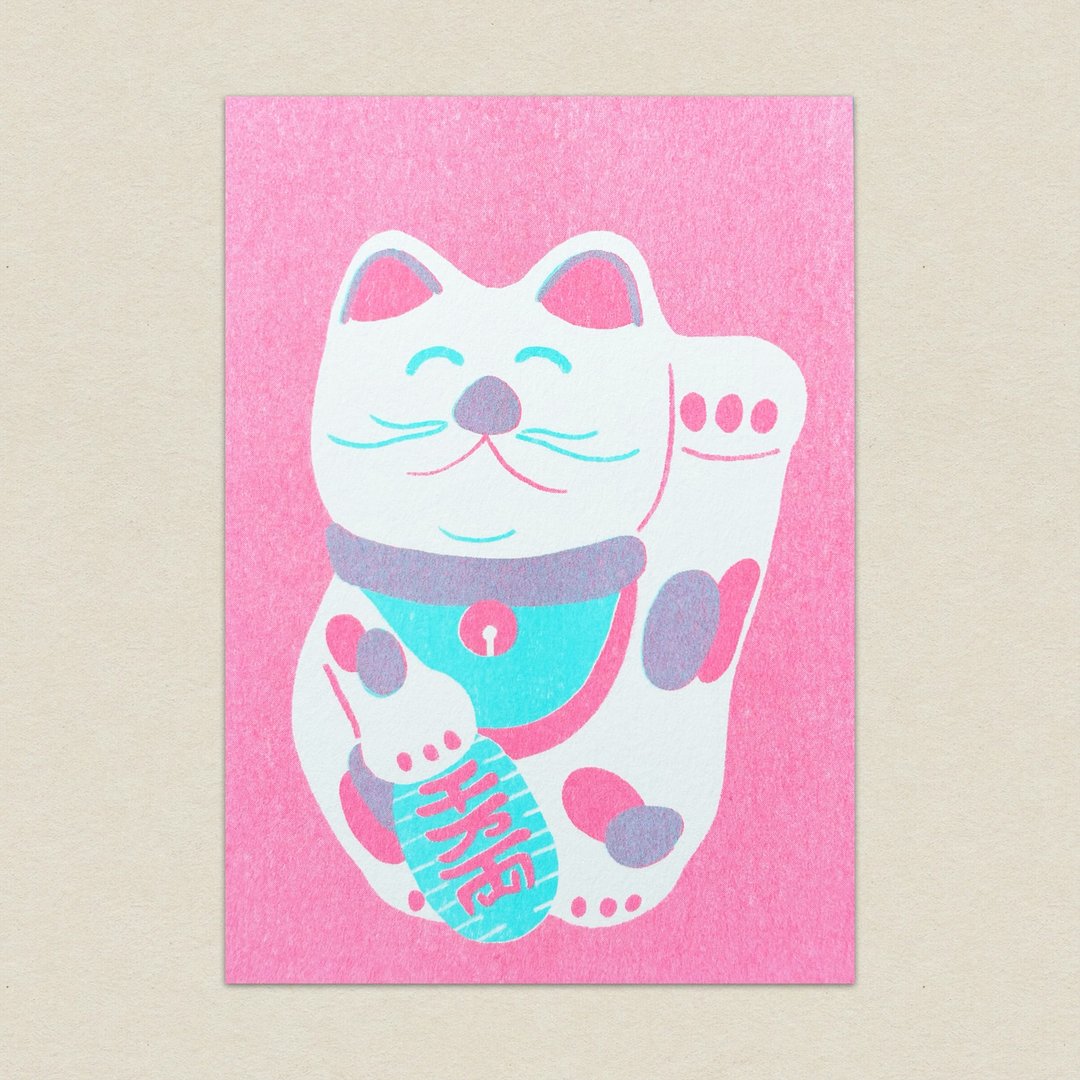 招财猫/粉色/招き猫/孔版印刷明信片 - 卡片/明信片 - 纸 多色