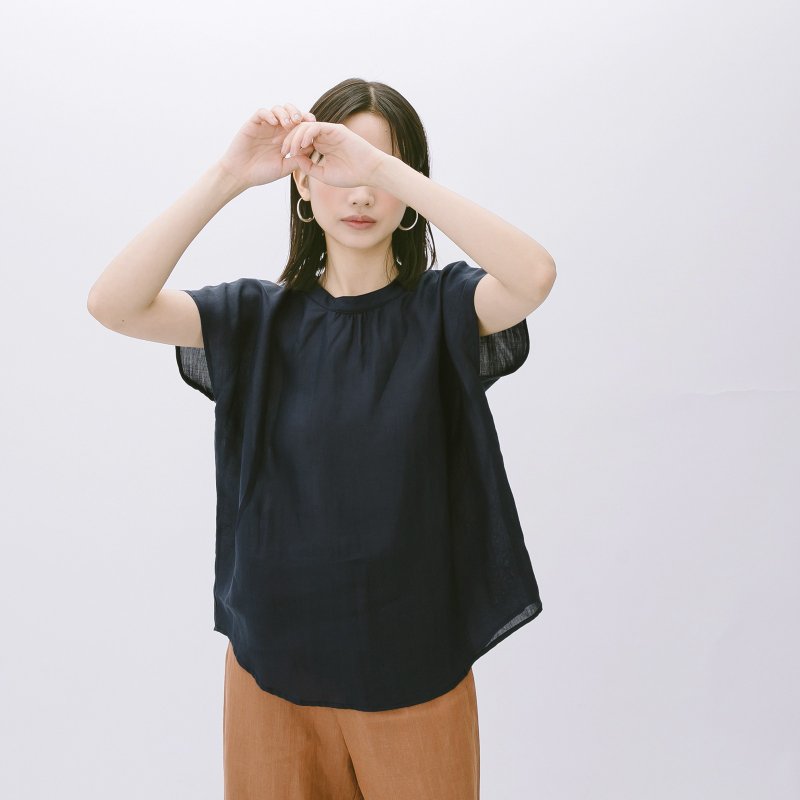 小圆领上衣 - 海军蓝 - 女装上衣 - 棉．麻 蓝色