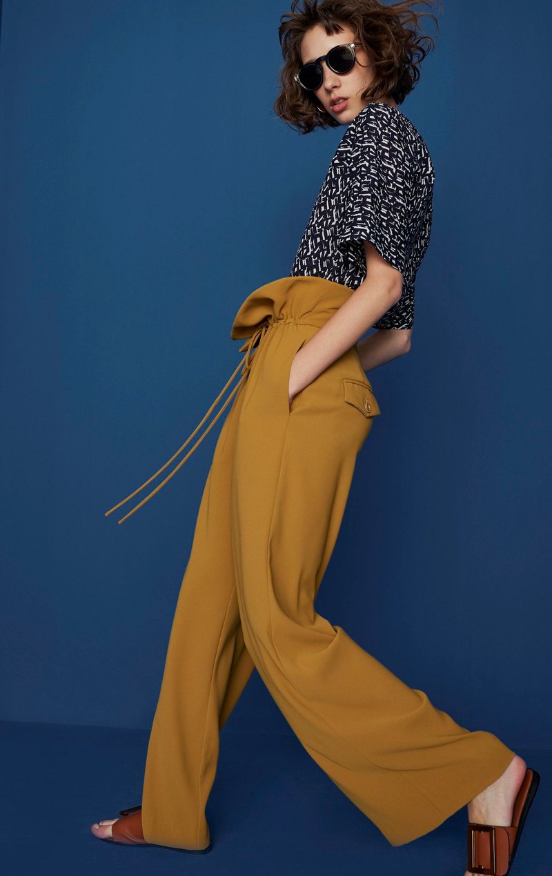立體剪裁闊腿褲 | 芥末黃 - 女装长裤 - 聚酯纤维 黄色