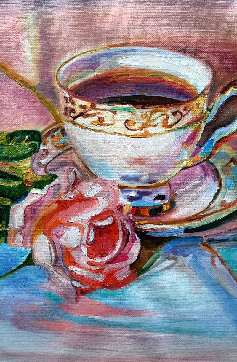 Rosa and Tea  Painting Original Art Oil Painting  Wall Decor - 墙贴/壁贴 - 其他材质 粉红色