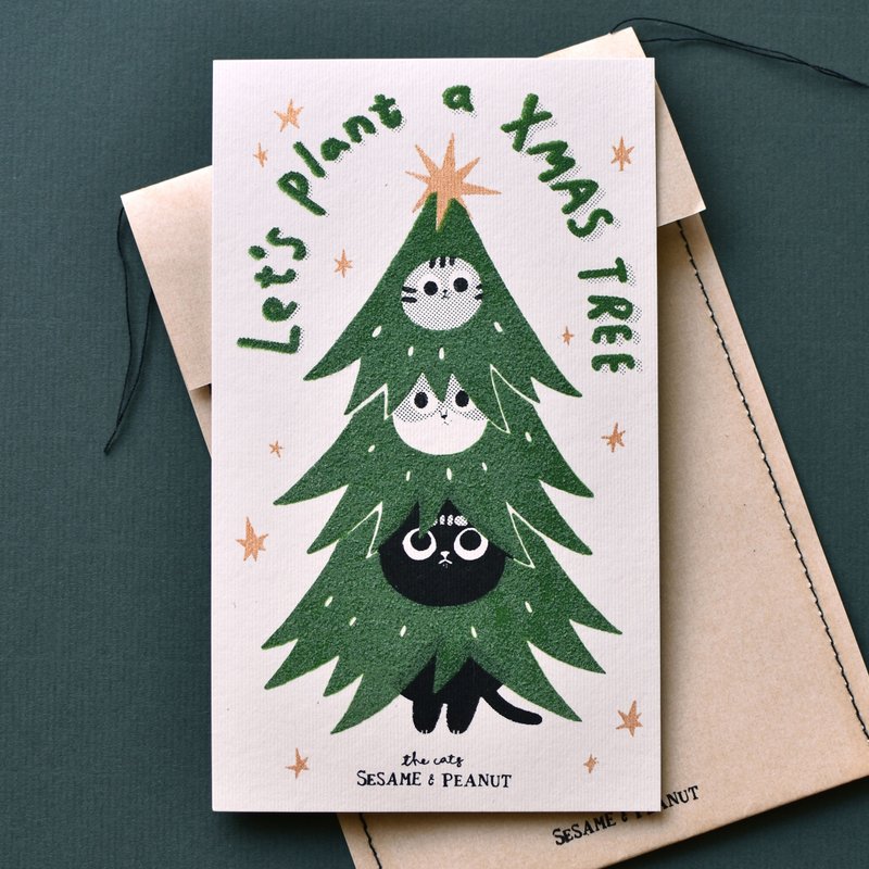 Lets plant a XMAS tree 手工绢印圣诞卡 小米白 - 卡片/明信片 - 纸 白色