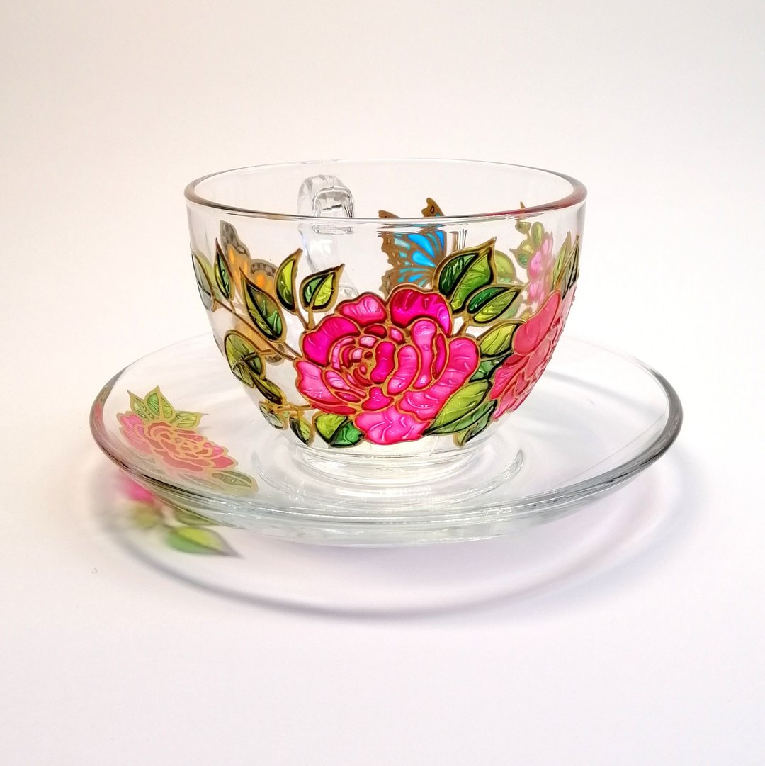 粉红牡丹茶杯碟 蝴蝶茶杯 手绘花卉茶具 - 茶具/茶杯 - 玻璃 红色