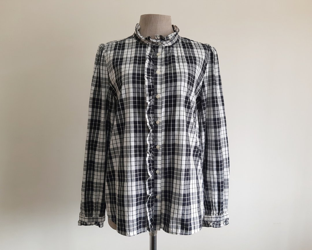 复古 Loft 黑白格纹荷叶边长泡泡袖衬衫 棉质上衣 S 号 - 女装上衣 - 其他材质 黑色