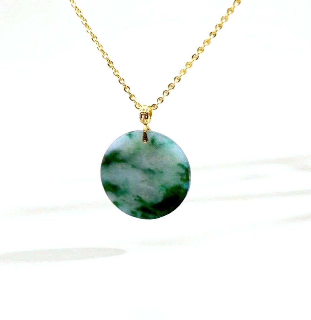 冰种飘花翡翠无事圆牌项链 18K 金坠头 | 天然缅甸 A 货翡翠 | 送礼 - 吊饰 - 玉石 绿色