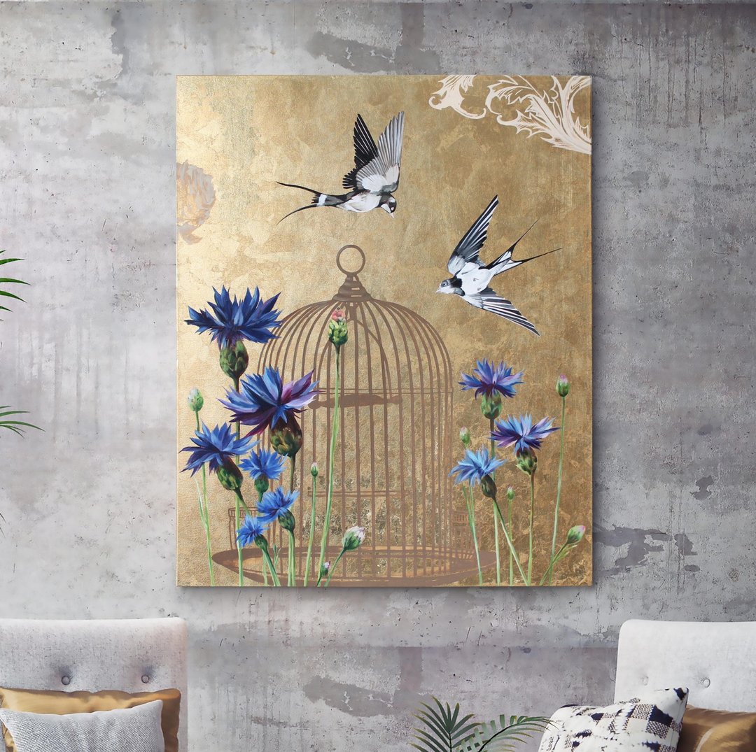 金色背景上的鸟类绘画 | 鸟与花 | 鸟与花 3 - 墙贴/壁贴 - 棉．麻 蓝色