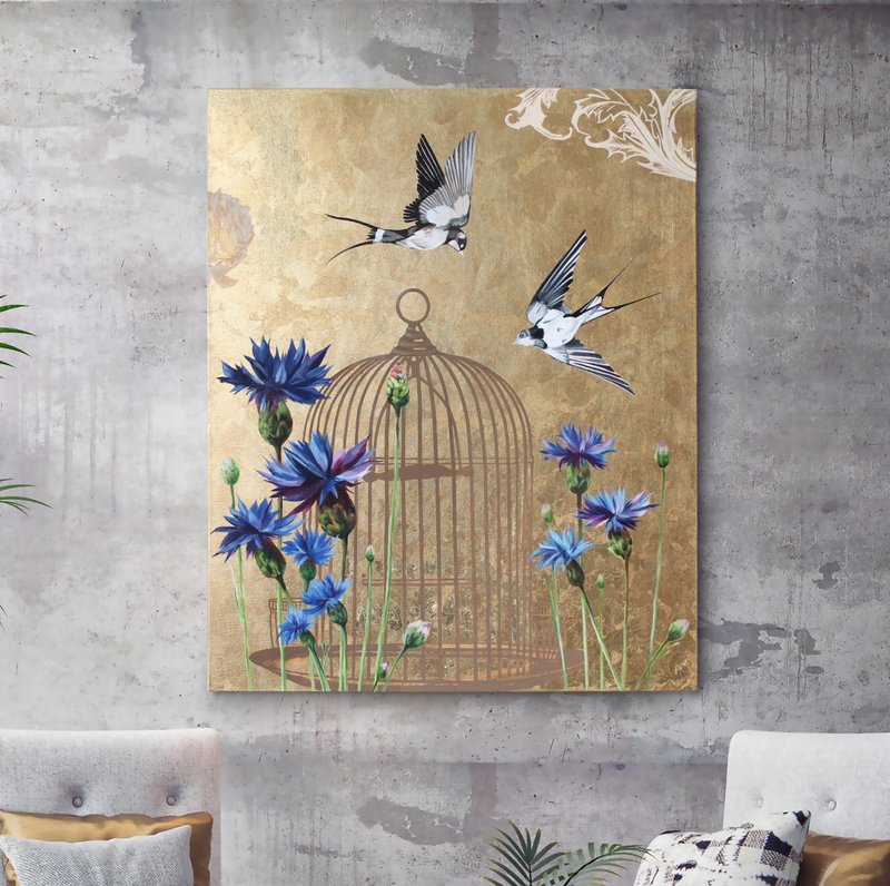 金色背景上的迷人鸟类绘画 |鸟与花 3 - 墙贴/壁贴 - 棉．麻 蓝色