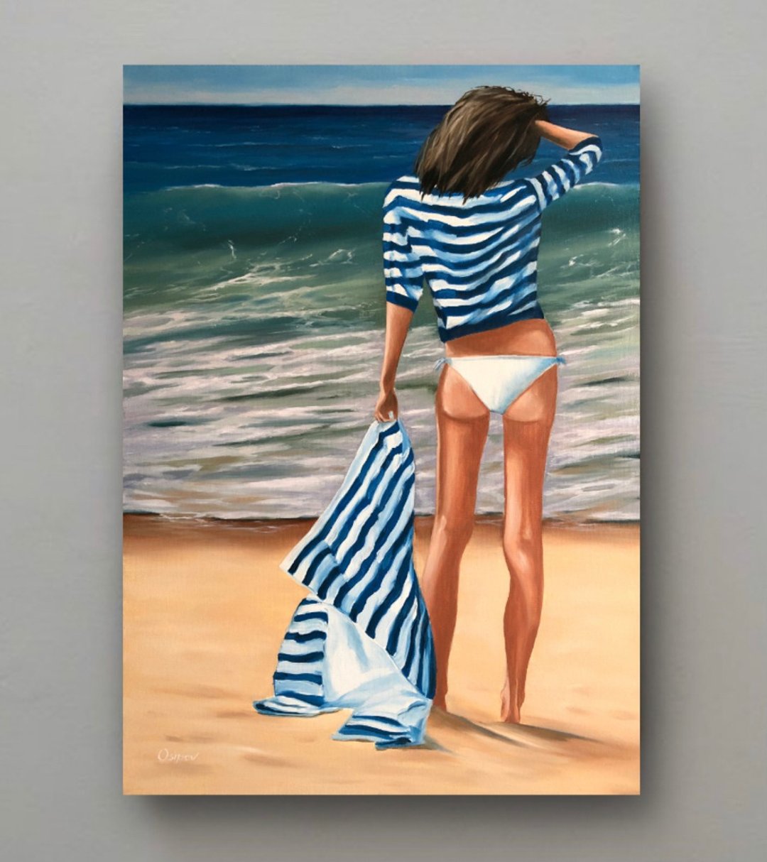 Original Oil Painting On Canvas Beach Ocean Artwork Women Painting Seascape Art - 墙贴/壁贴 - 棉 多色