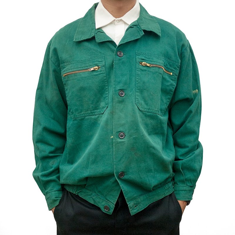企业版工作外套 工作服 深绿 古着 口袋拉链 布料硬挺 古着 - 男装外套 - 棉．麻 绿色