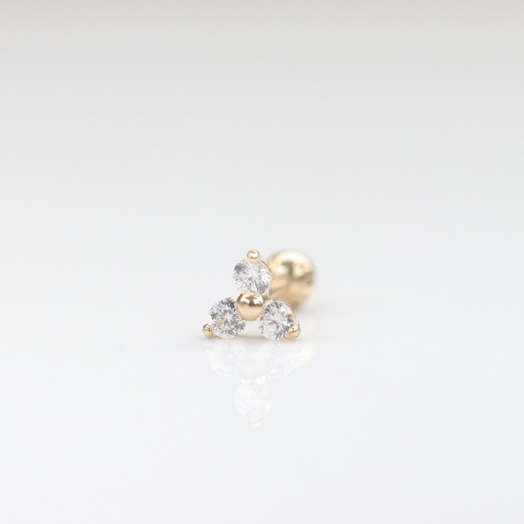 14K 三叶花 锁珠耳环 (单个)耳骨 耳窝 不退色 - 耳环/耳夹 - 贵金属 金色