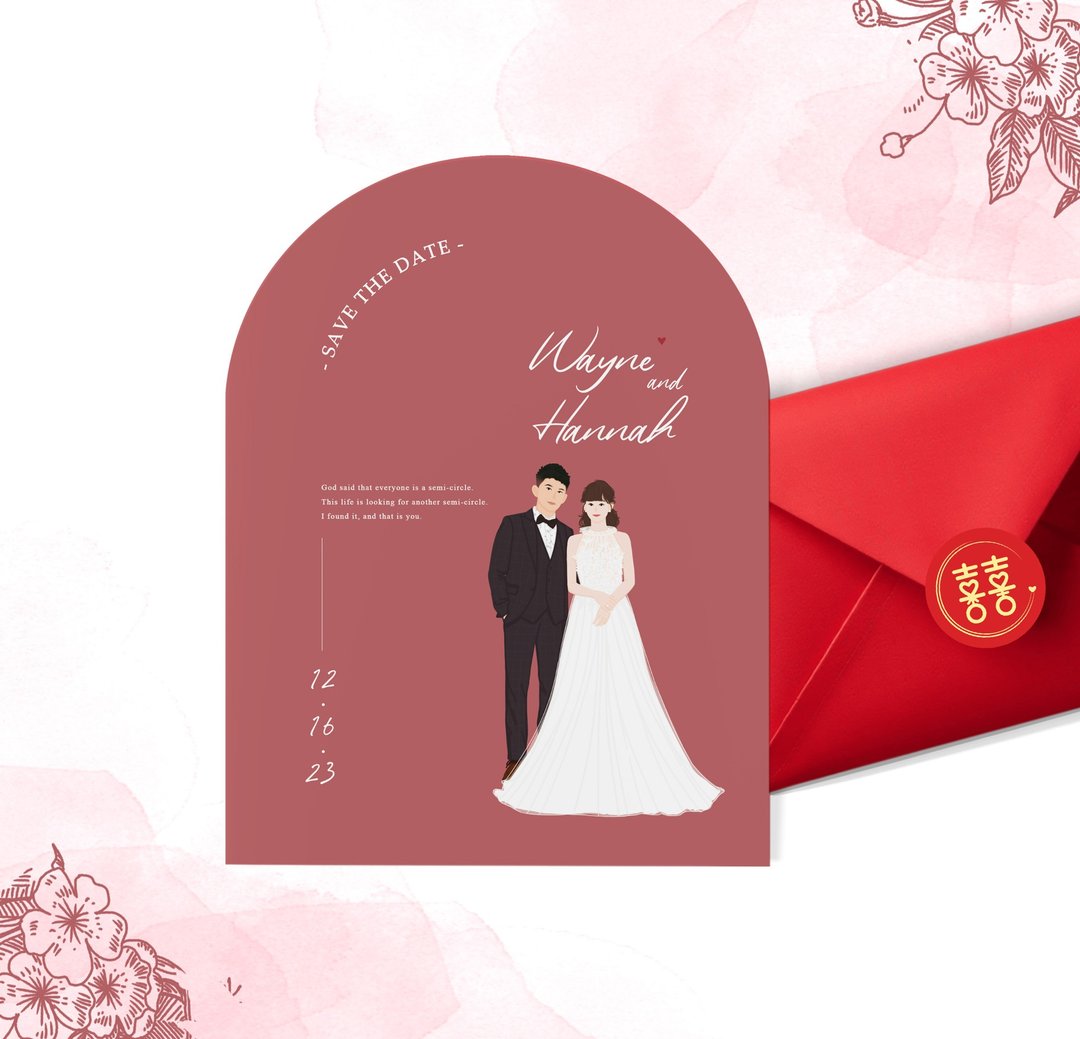 【定制似颜绘喜帖】拱门喜帖 |似颜绘 | 手绘 | 喜帖 | 明信片 - 喜帖 - 纸 红色