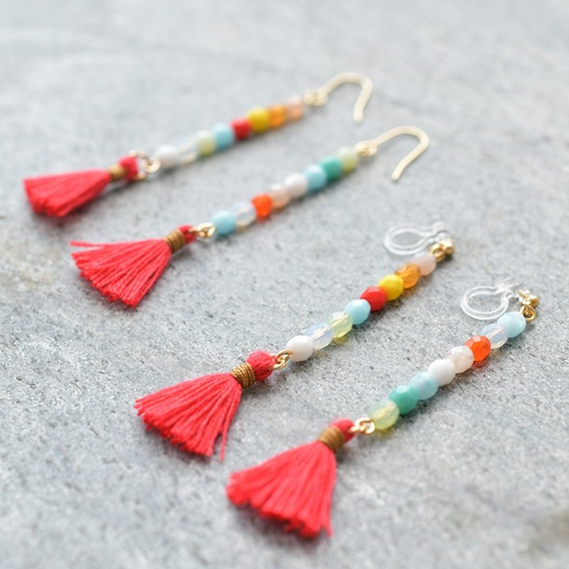 Tassel earrings water drop /red - 耳环/耳夹 - 压克力 红色