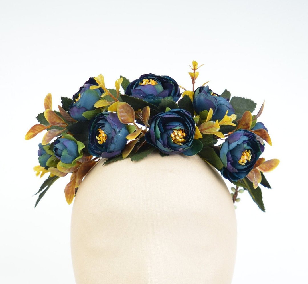 Flower Crown Boho Garland Festival Headpiece in Dark Blue with Silk Flowers - 发饰 - 其他材质 蓝色