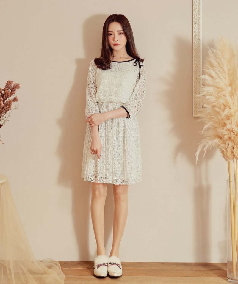 MIT 点点蕾丝百褶洋装(R6015E) - 洋装/连衣裙 - 棉．麻 白色
