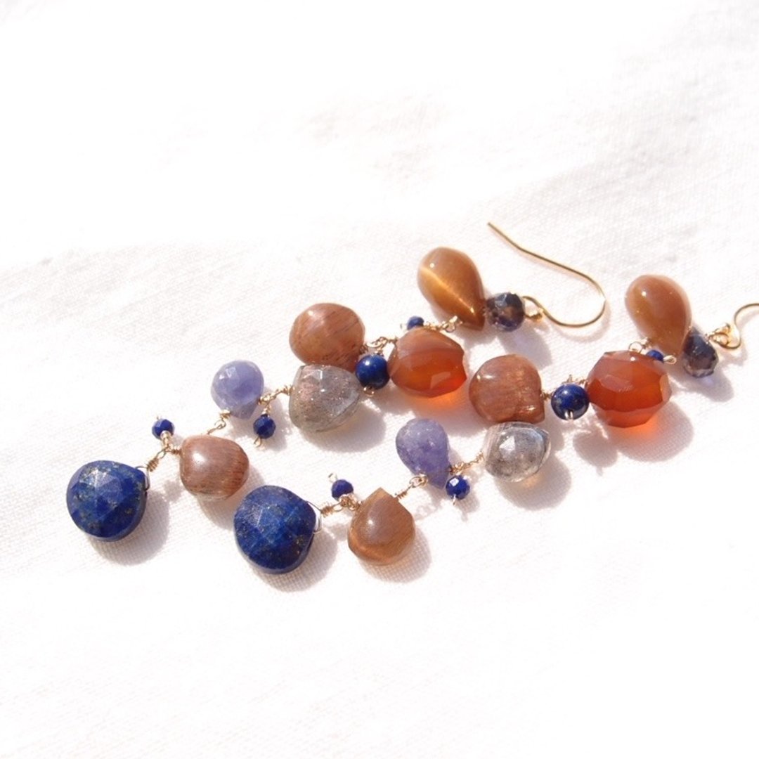 【14KGF】Mobile Earrings 流苏耳饰 棕色×蓝色 - 耳环/耳夹 - 宝石 咖啡色