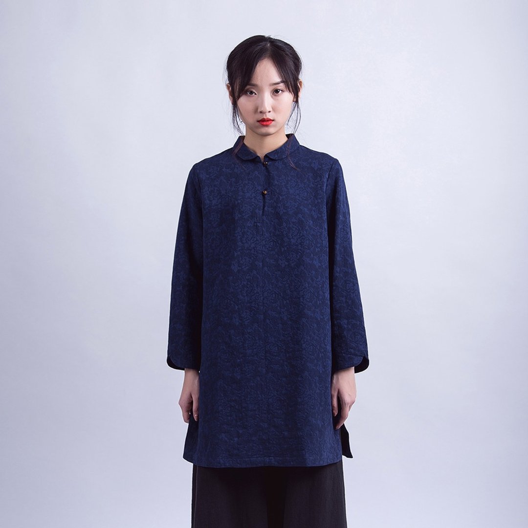 新中式蓝色提花中长衬衫 - 女装上衣 - 棉 