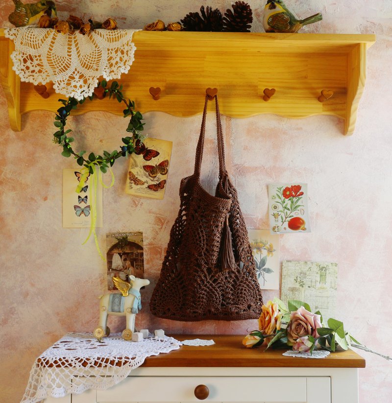 【现货】Handmade手工编织/苎麻绳编织网袋/购物袋/肩背包/流苏 - 手提包/手提袋 - 棉．麻 咖啡色