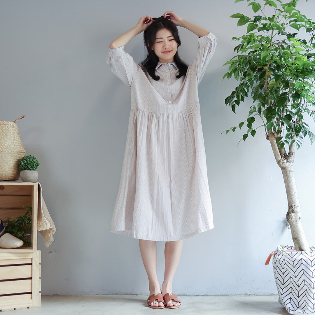 亲肤舒适条纹衬衫口袋裙 卡其 F - 女装上衣 - 棉．麻 粉红色