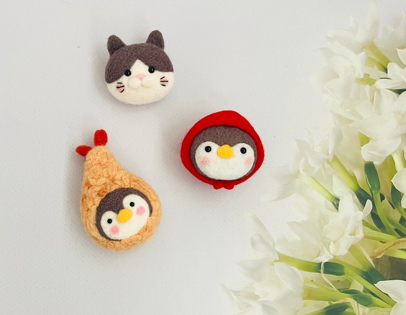 可爱炸虾企鹅/小红帽企鹅 羊毛毡别针/钥匙圈 - 吊饰 - 羊毛 