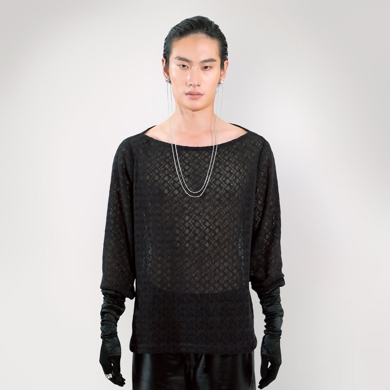 SEANNUNG 平领蕾丝上衣 - 男装上衣/T 恤 - 聚酯纤维 黑色