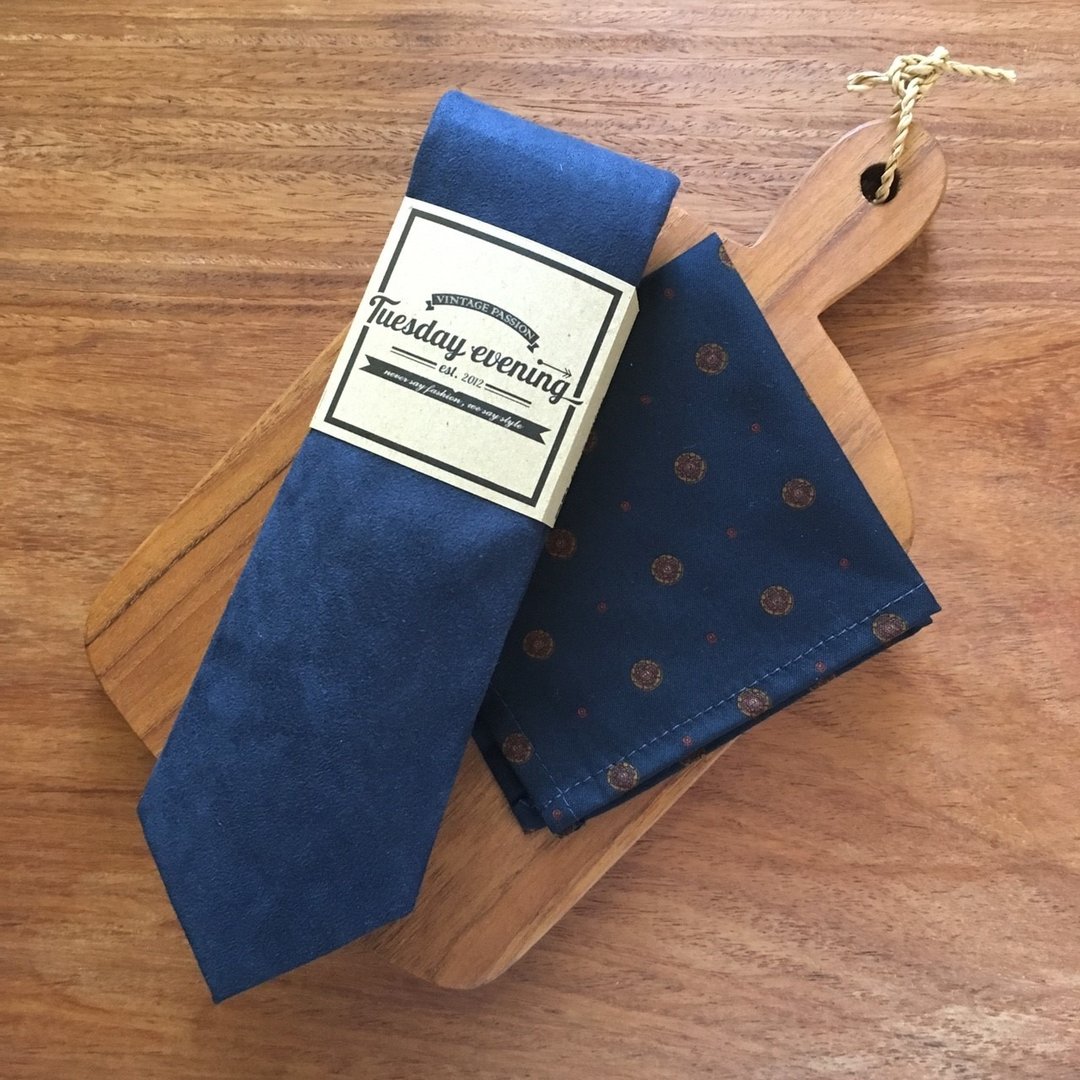 Blue Flannel Tie Set (Navyprinted) - 领带/领带夹 - 棉 蓝色