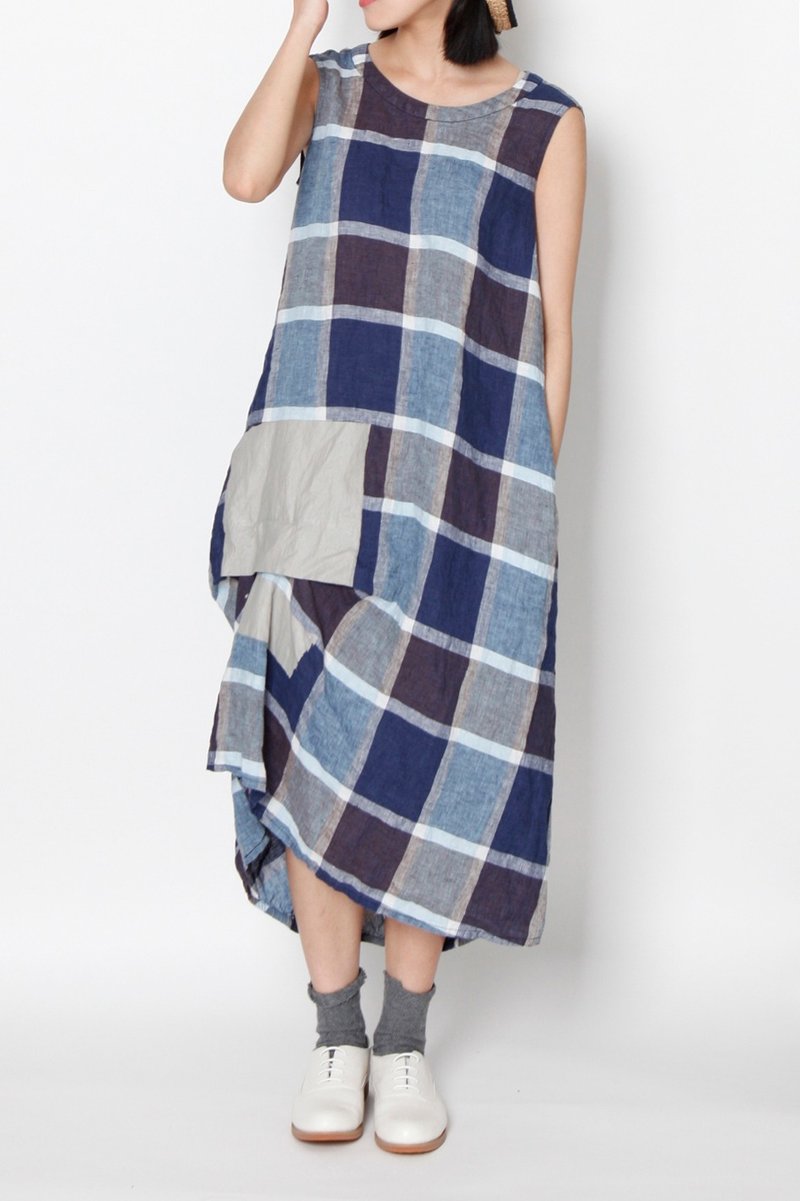 And – 昨天以后的我们 – 后开襟无袖小鸟印花洋装 - 洋装/连衣裙 - 棉．麻 蓝色