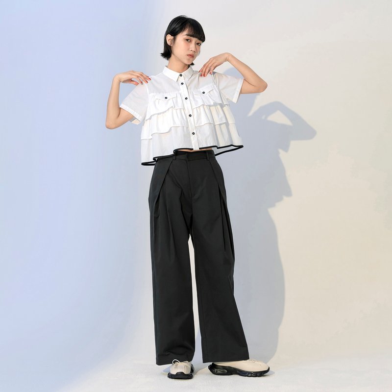 斜扣盒褶直筒宽裤 - 女装长裤 - 棉．麻 黑色