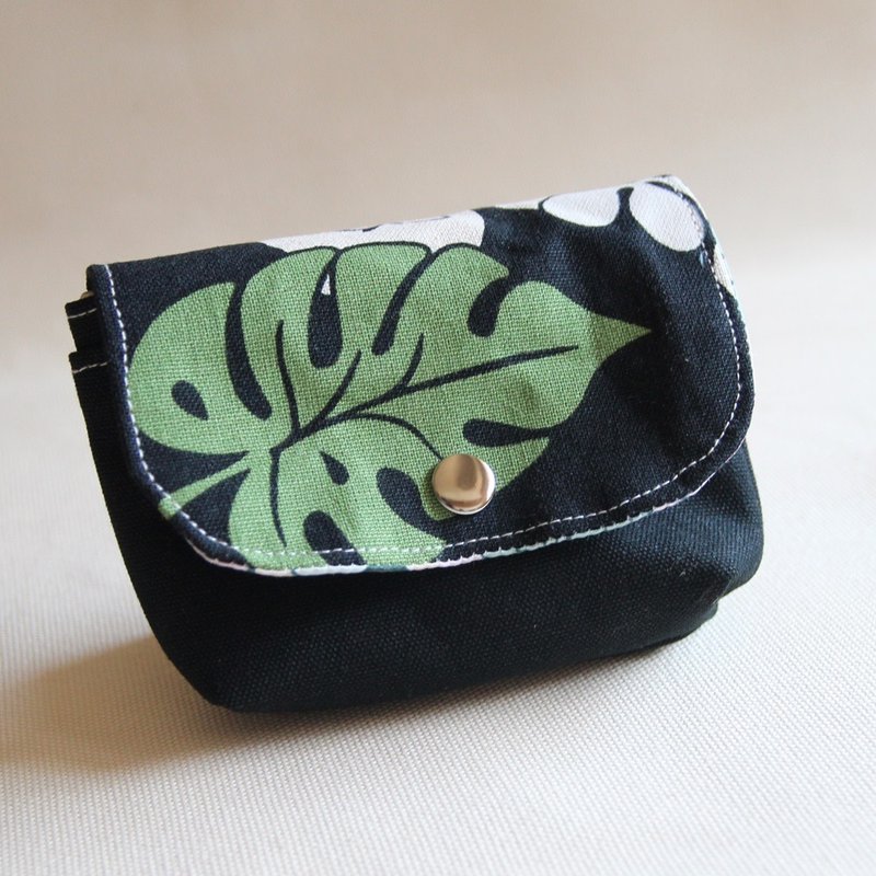 双层零钱包 黑色帆布典雅 热带植物蔓绿绒手拿包 - 手拿包 - 棉．麻 绿色