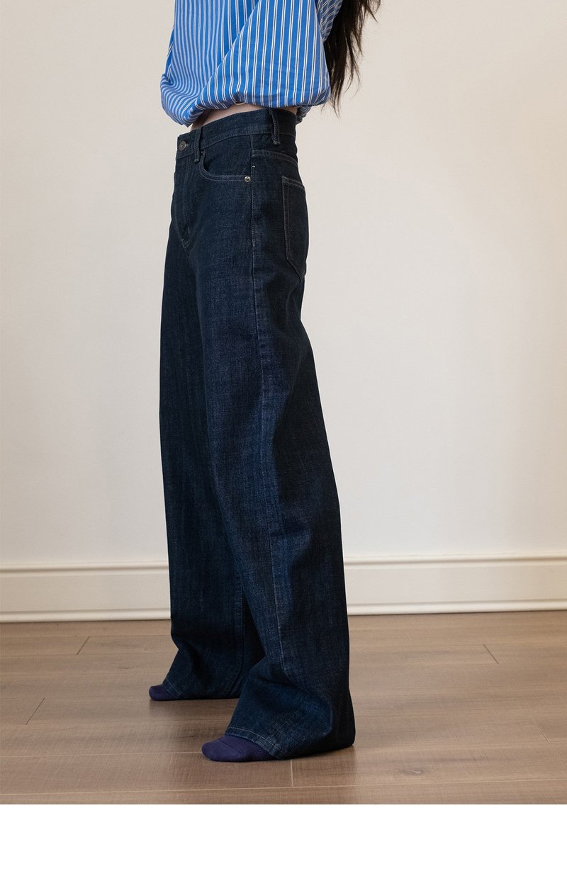 原色重磅复古丹宁 深蓝极简直筒窄阔腿牛仔裤 - 女装长裤 - 棉．麻 