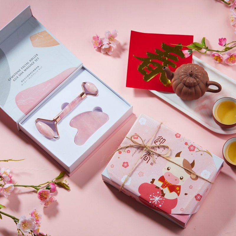 新年开运礼盒 | 粉晶滚轮美颜棒 & 美容刮痧片礼盒 l 送过年包装 - 精华液/安瓶 - 水晶 粉红色