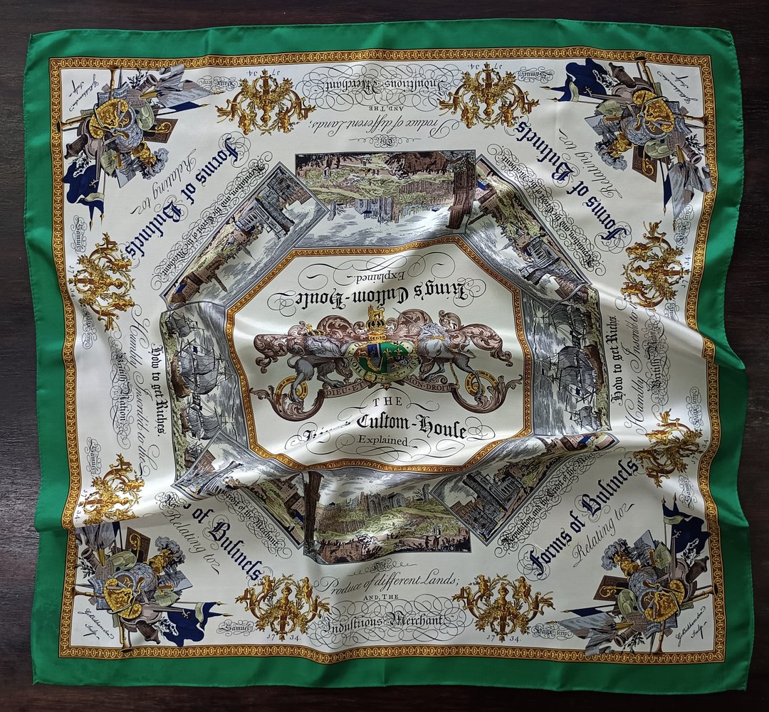 复古丝巾，34 x 35 英寸，“The King's Cultom-Houle Explained”主题，礼物 - 丝巾 - 丝．绢 绿色