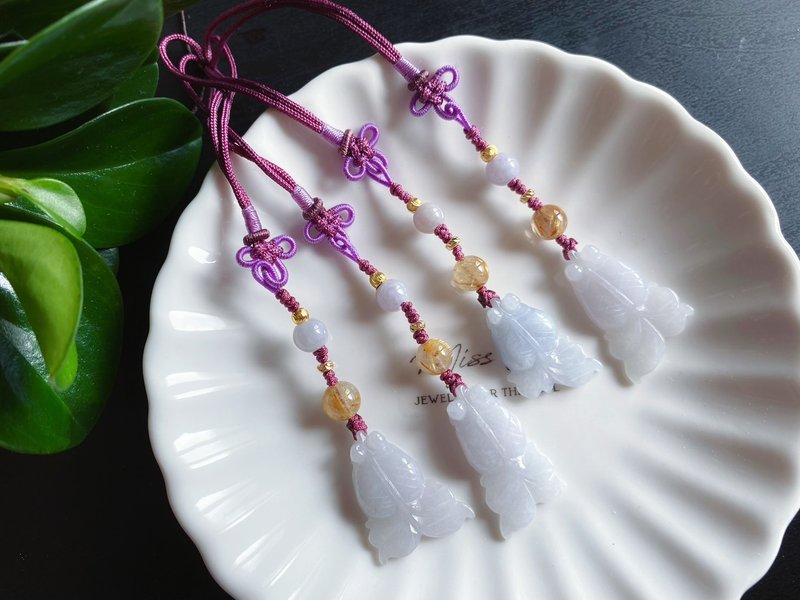 天然缅甸玉翡翠 绿翡飘花鱼 手机链 挂绳 富贵有余 礼物 - 挂绳/吊绳 - 玉石 紫色