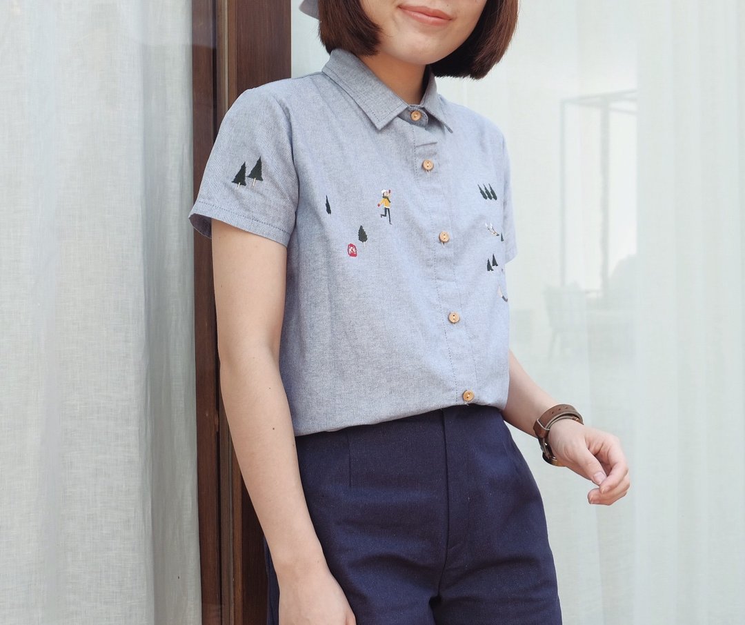 Camping Shirt : Grey mix Blue - 女装上衣 - 棉．麻 灰色